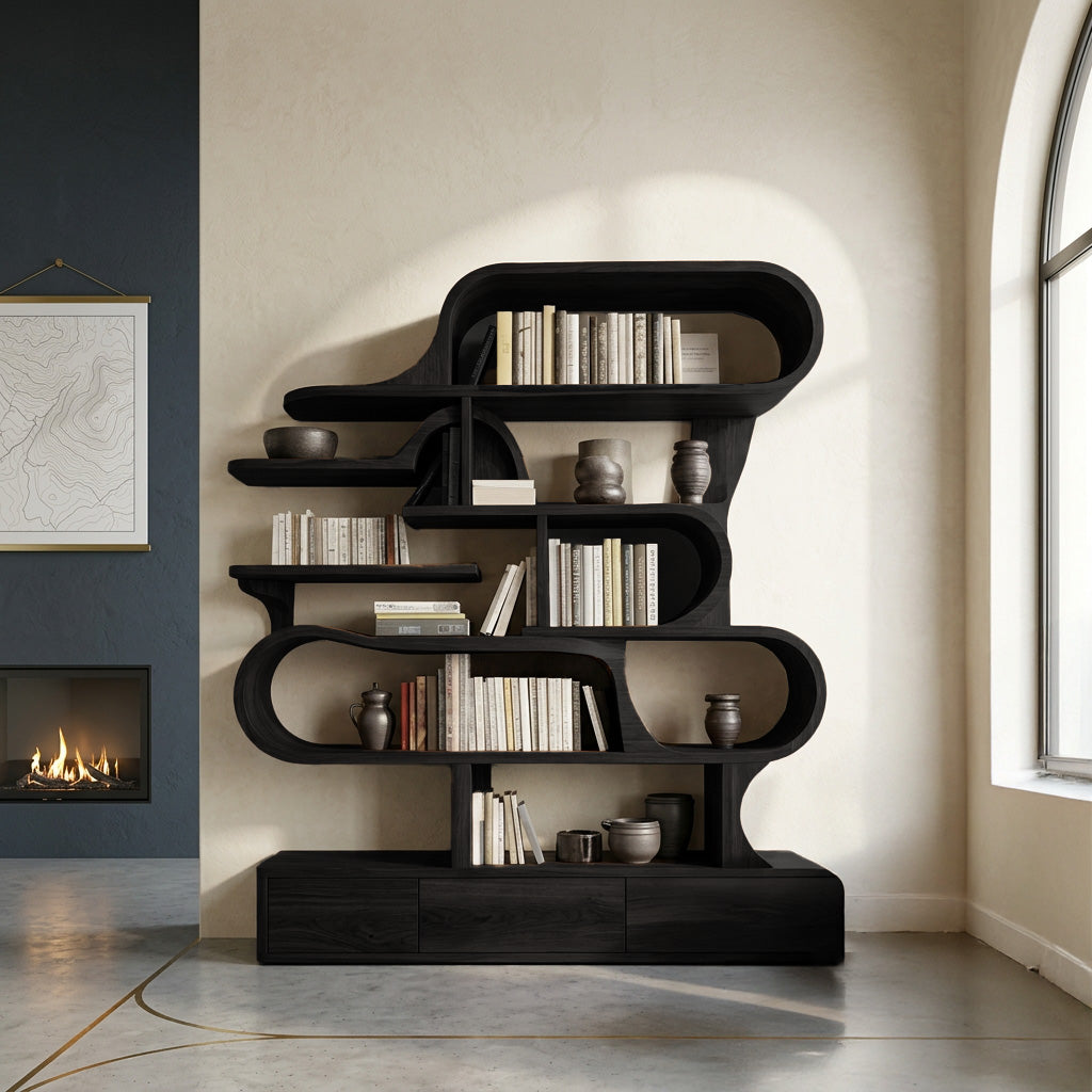 Modern Sculptural Bookshelf With Curved Design For Living Room Or Office