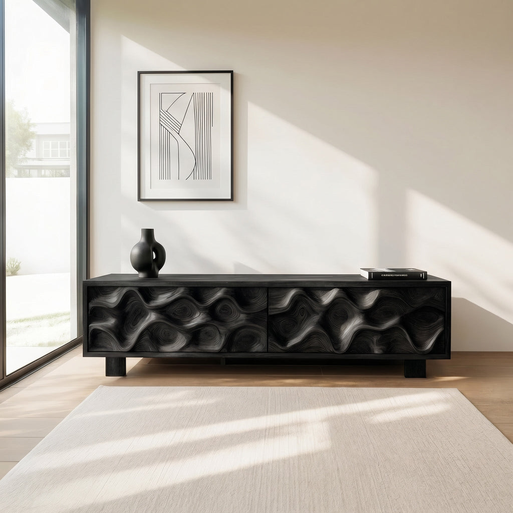 Hand Carved TV Stand With Wave Design For Living Room