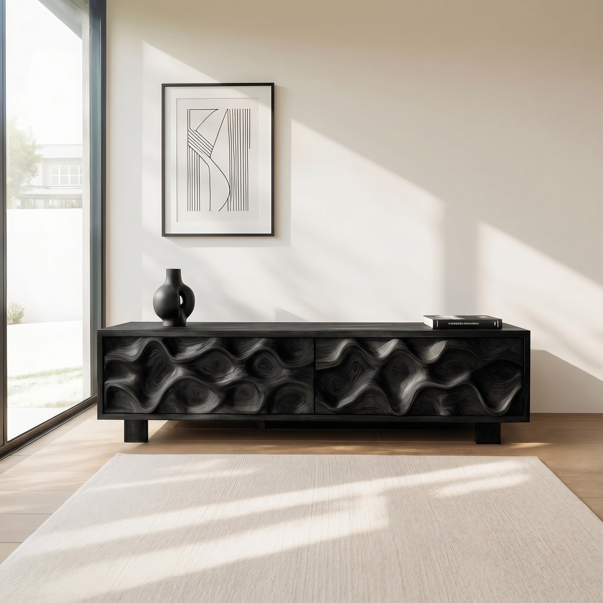 Hand Carved TV Stand With Wave Design For Living Room