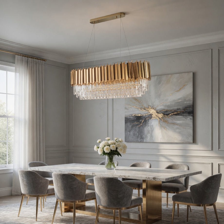 Gio gold crystal dining chandelier over a dining table