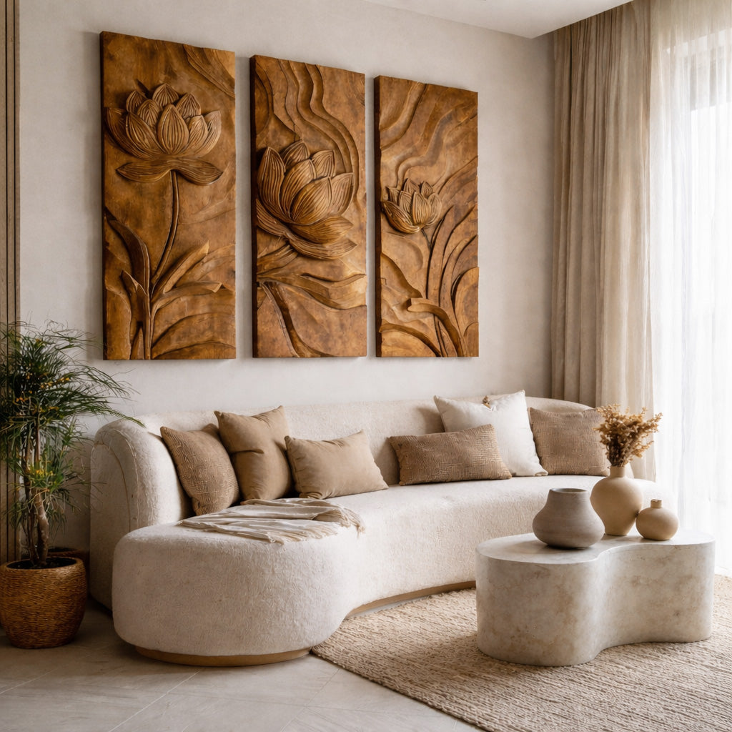 Scandinavian Minimalist Carved Wood Floral Art Set For Living Room