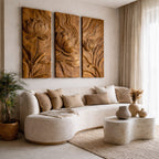 Scandinavian Minimalist Carved Wood Floral Art Set For Living Room