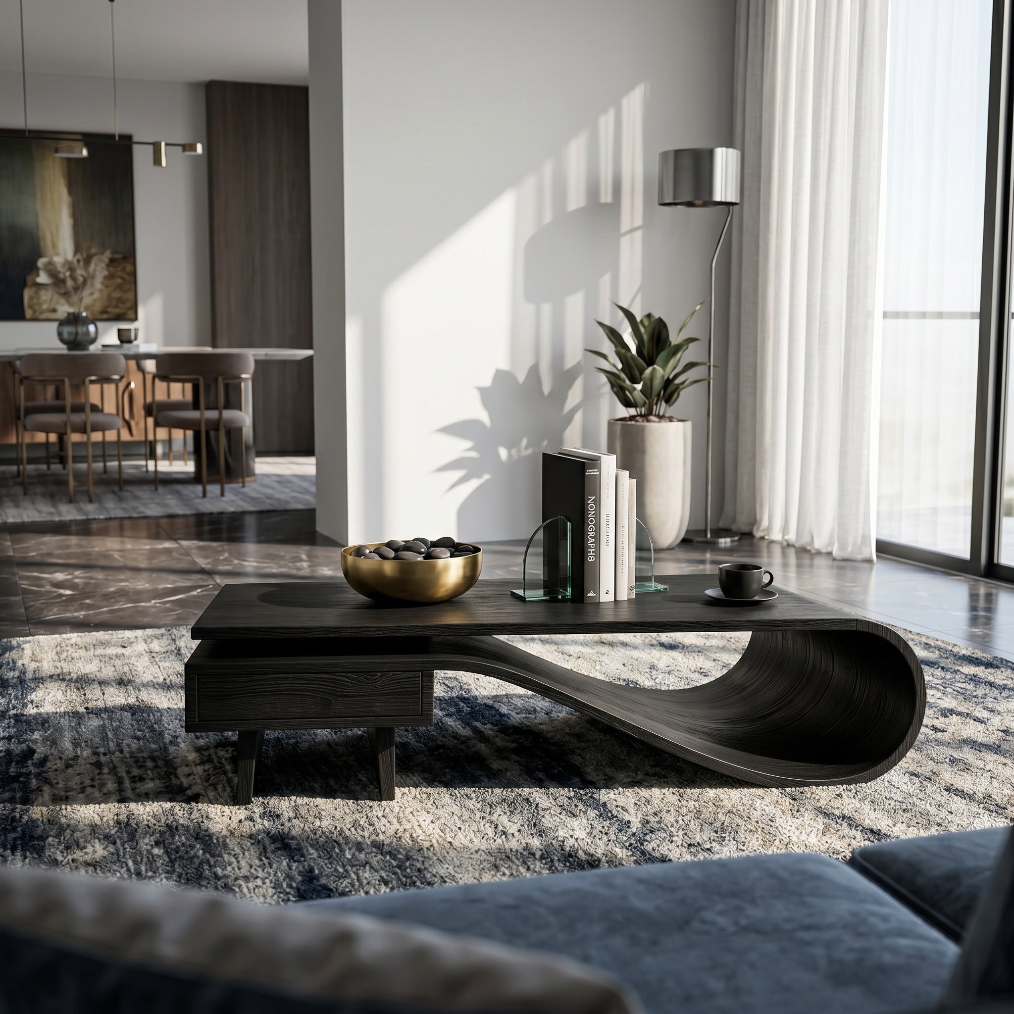 Modern Curved Coffee Table With Drawers For Living Room