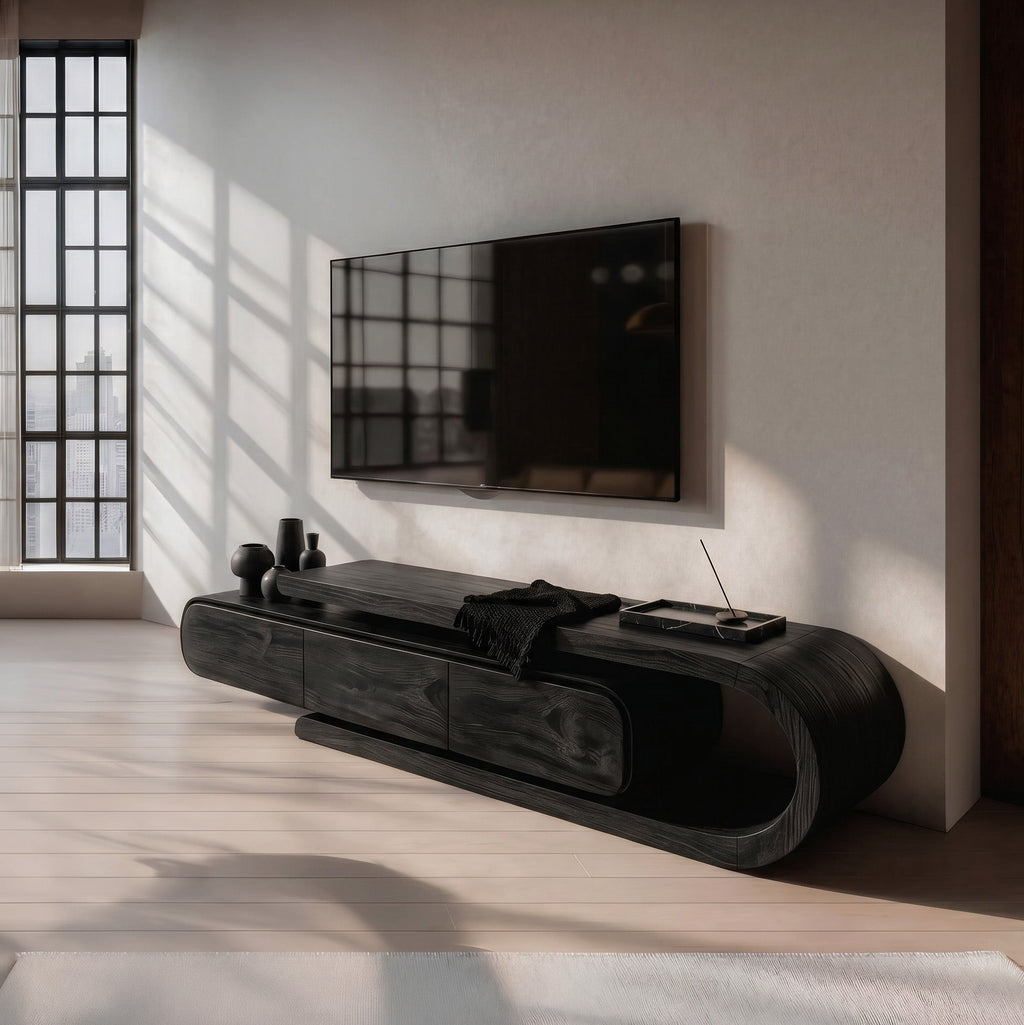 Contemporary Curved Wooden TV Console For Living Room