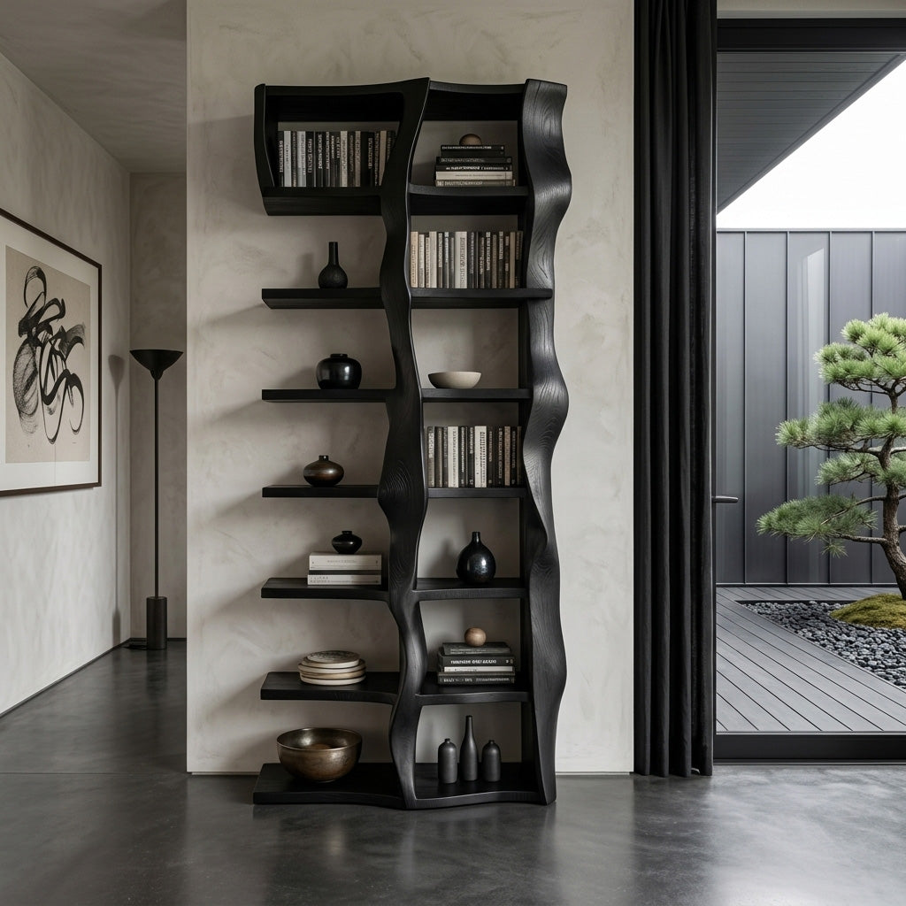 Sculptural Bookshelf With Flowing Wave Design For Living Room
