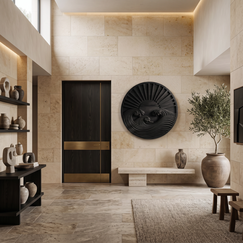 Round Wall Art With Carved Sun And Waves For Bedroom