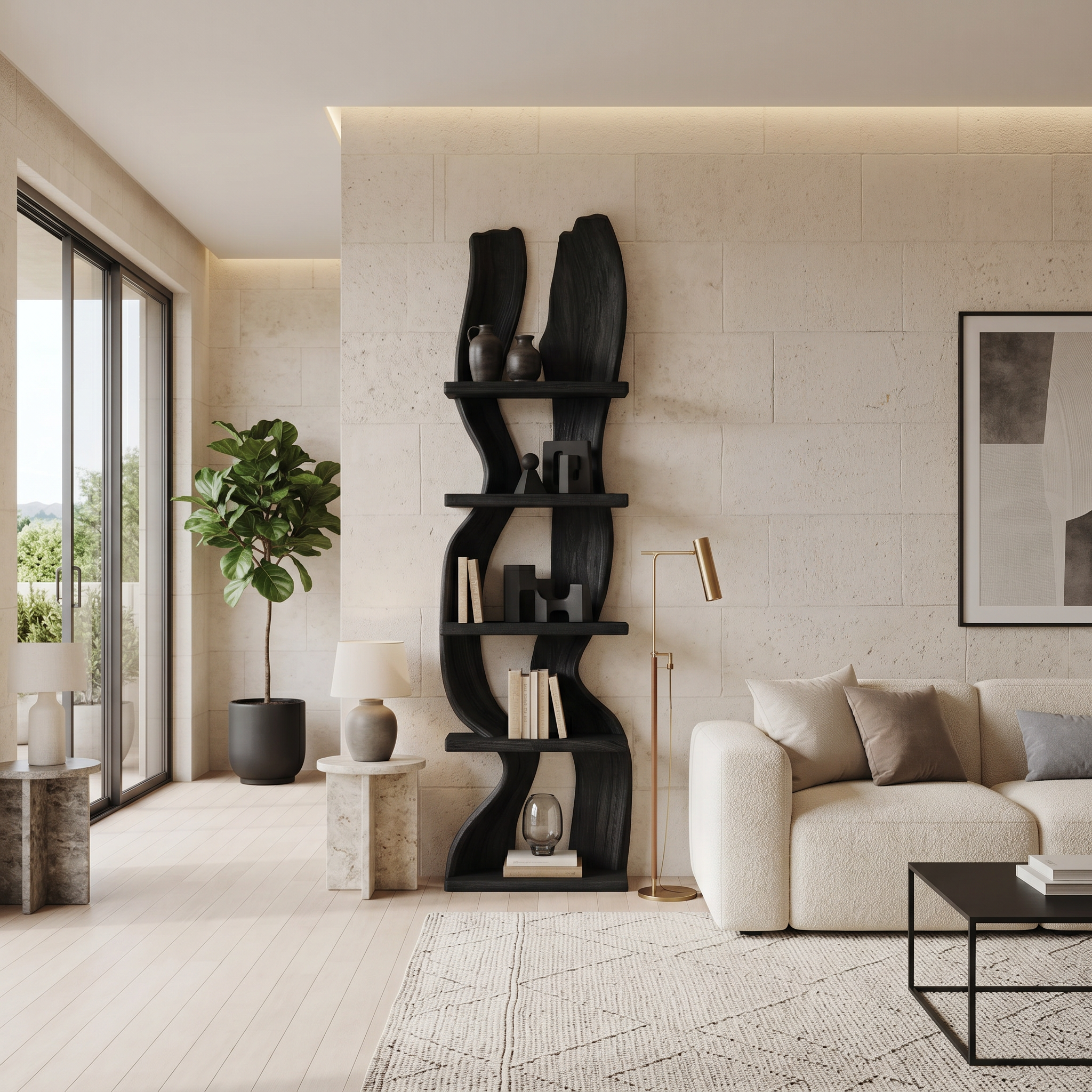 Modern Rustic Standing Shelf With Curved Silhouette For Living Room