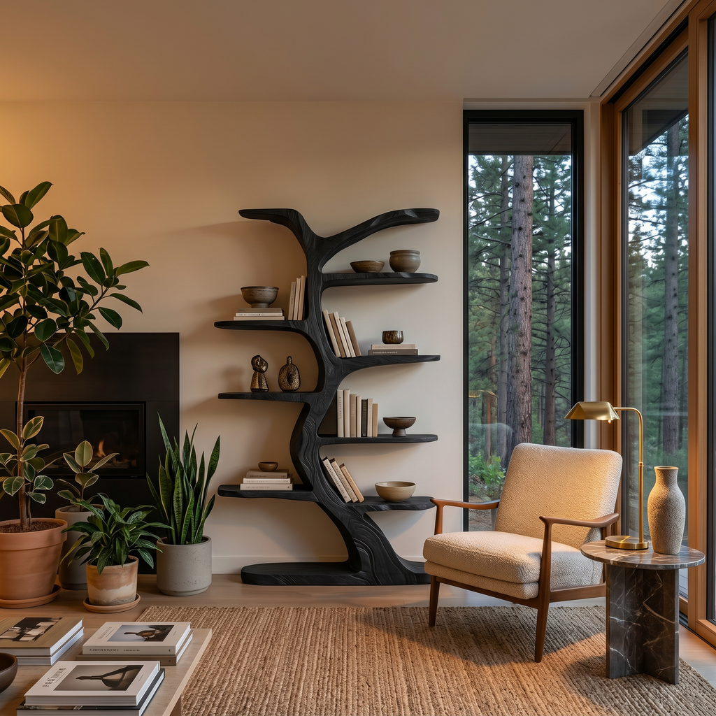 Modern Bookshelf Tree Inspired Curved Design For Living Room
