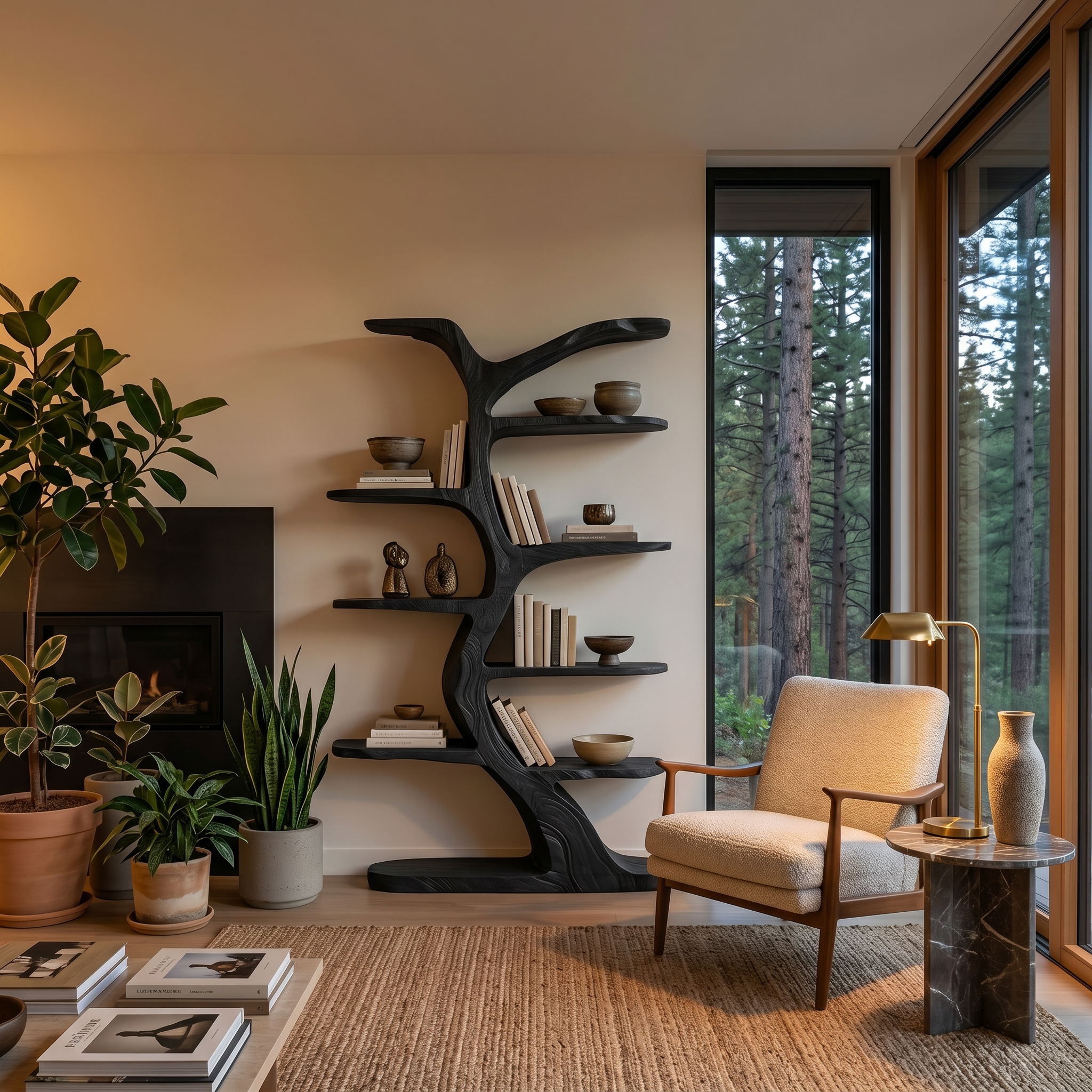 Modern Bookshelf Tree Inspired Curved Design For Living Room