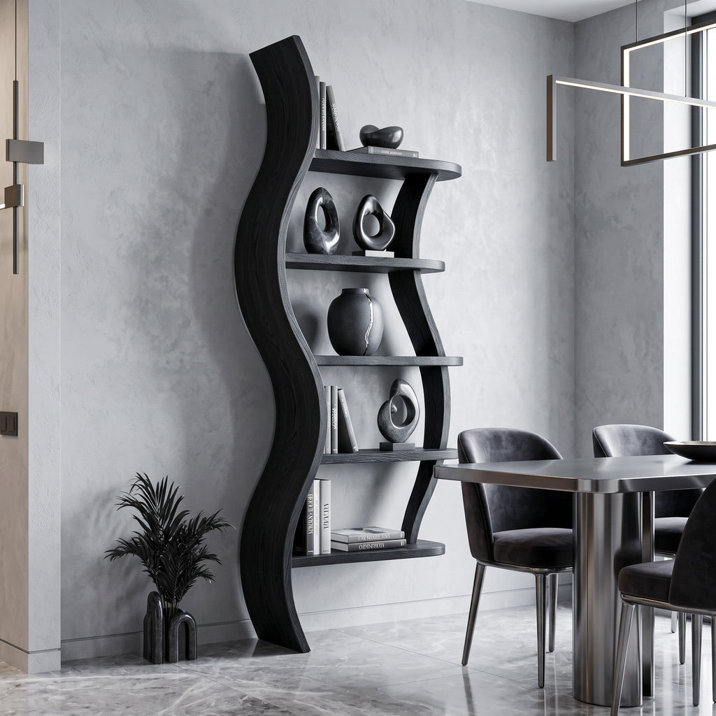 Modern Sculptural Bookshelf With Curved Design For Living Room