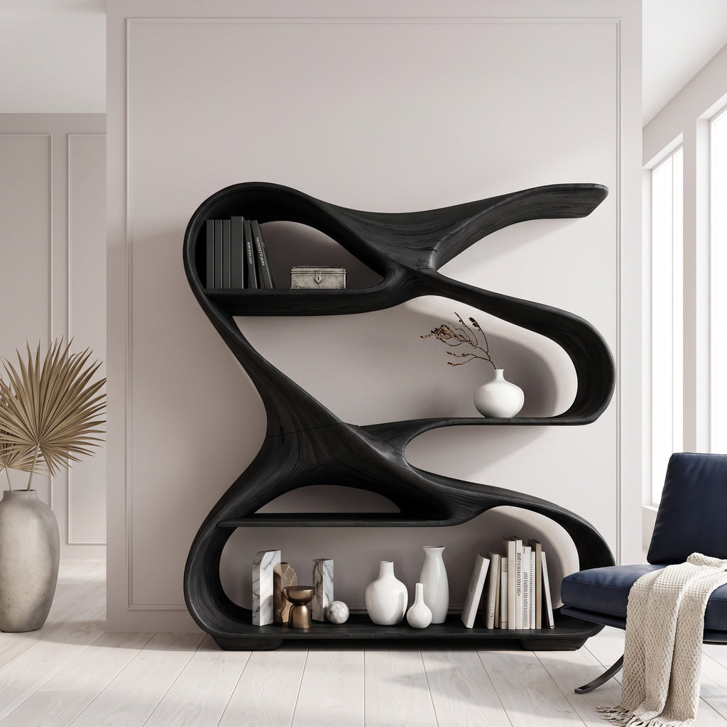 Modern Sculptural Wooden Bookshelf For Living Room Or Office Display