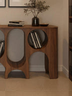 Modern Carved Console Table With Circular Cutout For Entryway