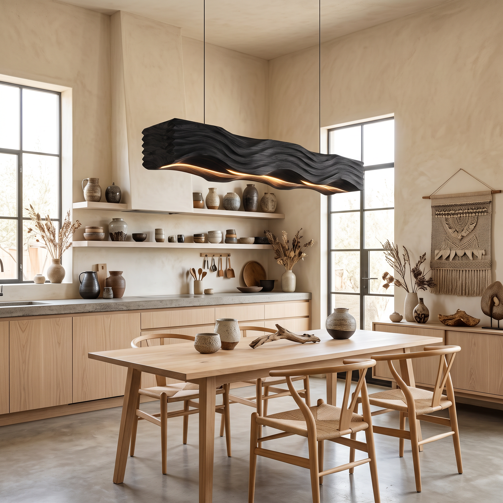 Sculpted Pendant Light Featuring Flowing Wave Carving For Dining