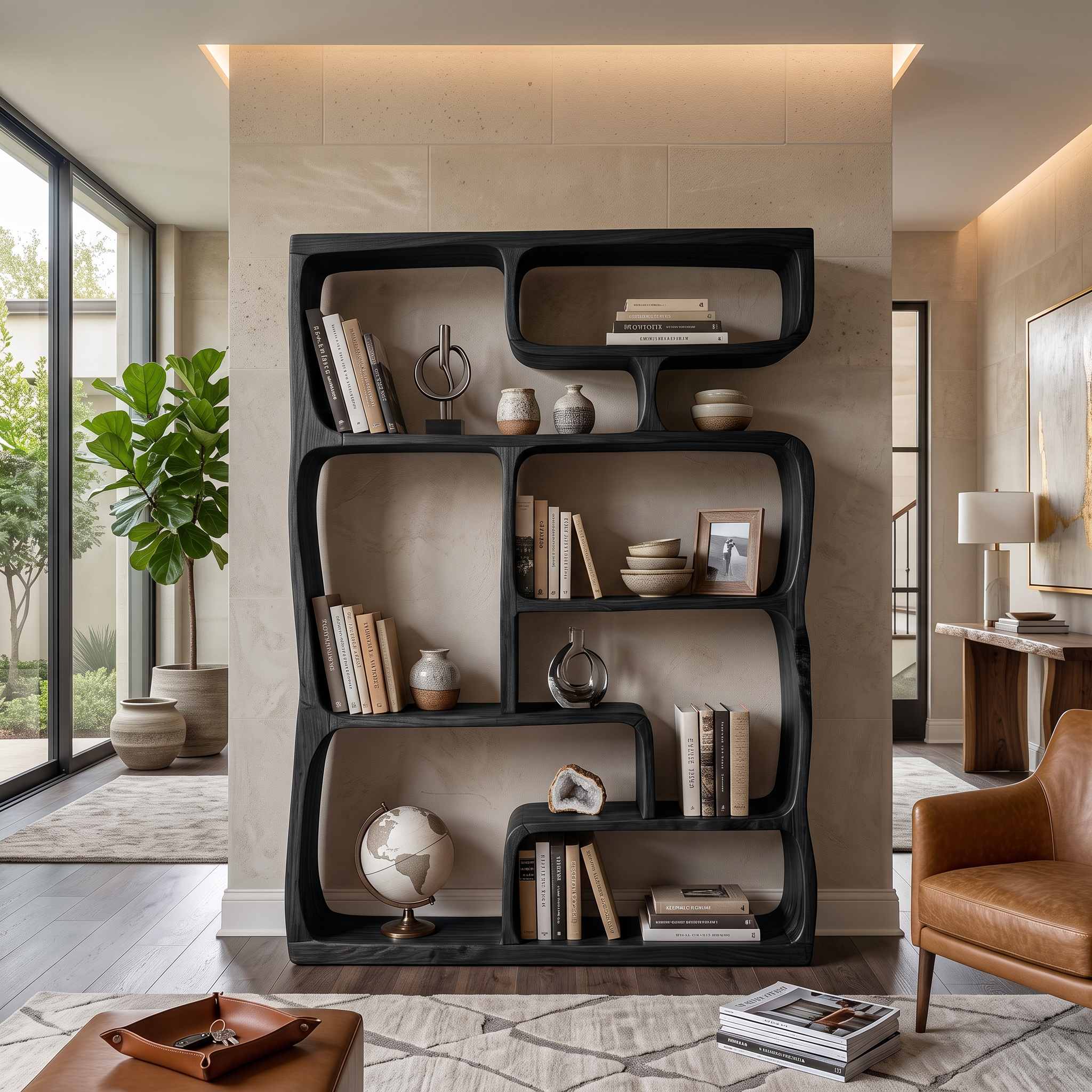Modern Sculptural Bookshelf With Geometric Design For Living Room