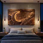 Hand Carved Wall Art Moon And Stars Panel With LED For Bedroom