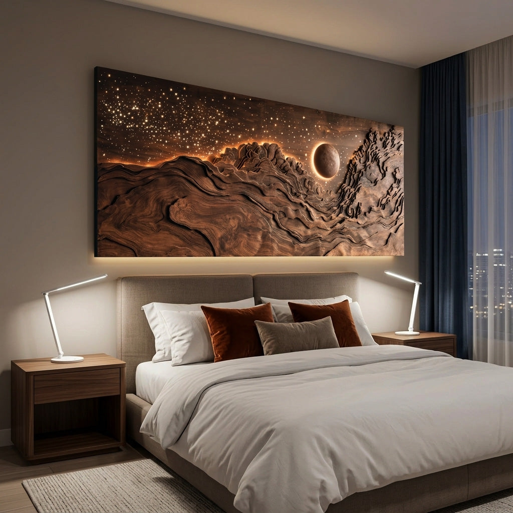 Hand Carved Wall Art With LED Eclipse Design For Living Room