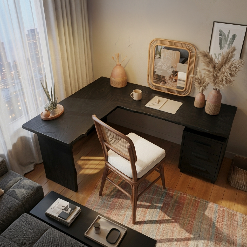 Modern L Shaped Wood Desk With Drawers For Home Office Or Vanity