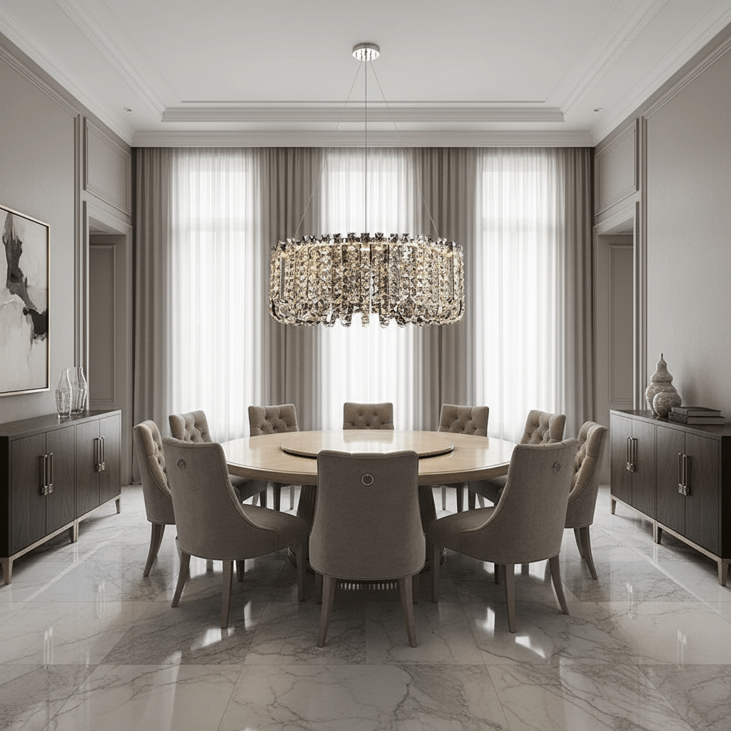Detail of cascading crystal beads on the Bacci chandelier