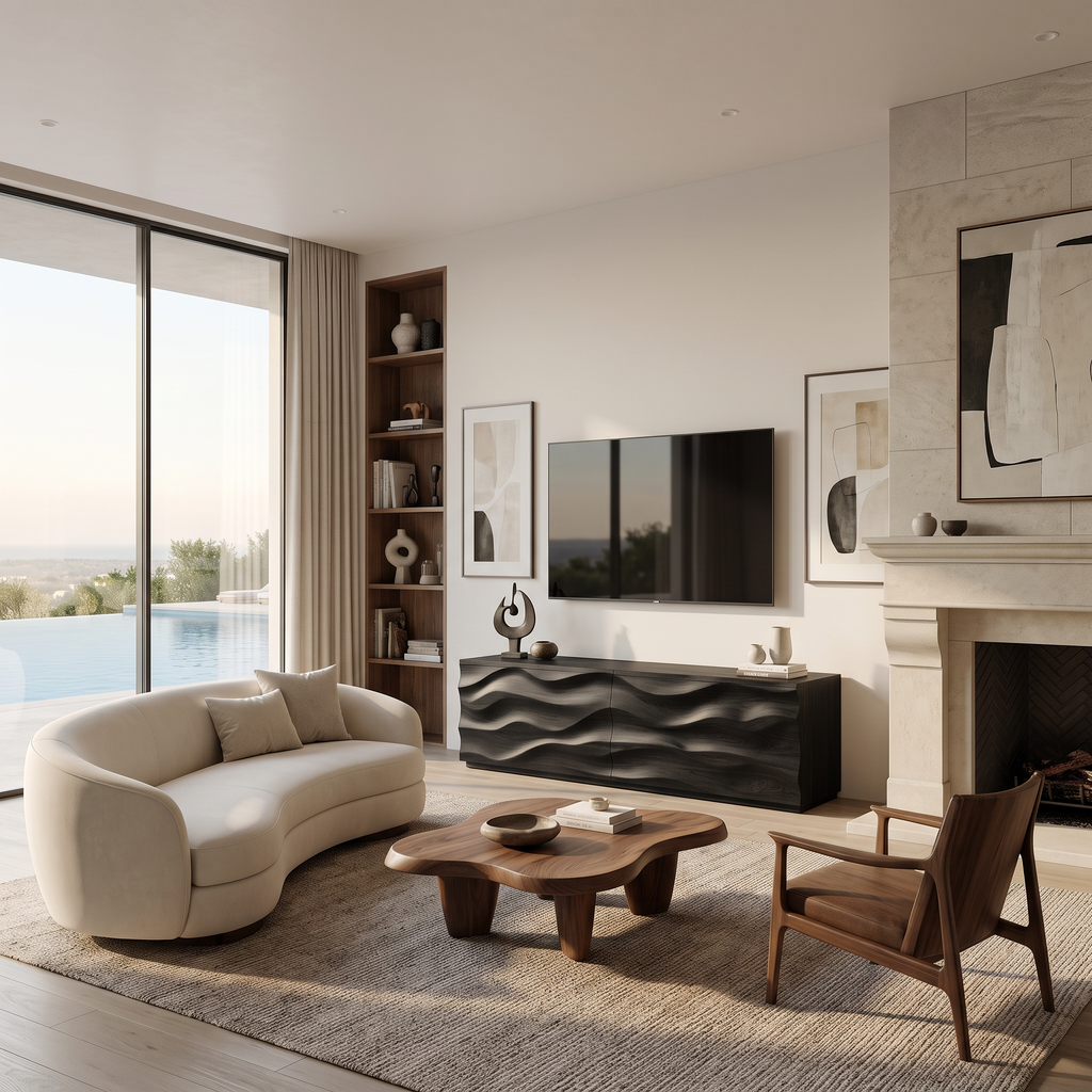 Modern Carved Media Console With Wave Front For Living Room