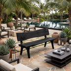 Contemporary Outdoor Wood Bench With Sculpted Back For Patio Or Courtyard