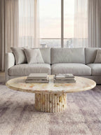 Breccia Aurora Marble Round Coffee Table with Petal Edge Pedestal Base | Luxury Natural Stone Furniture