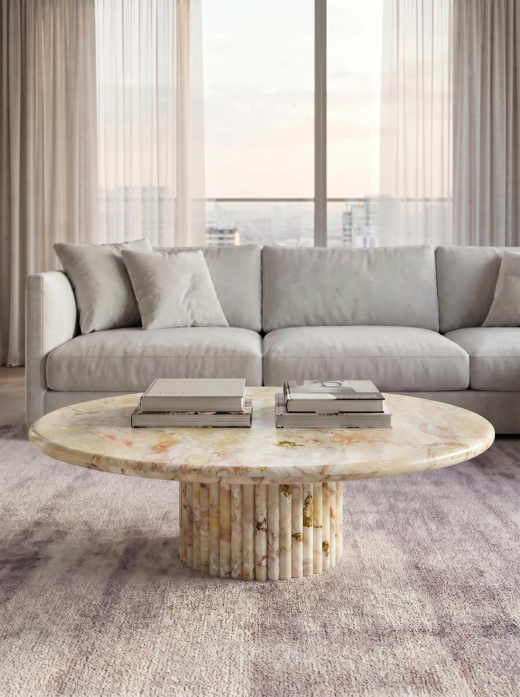 Breccia Aurora Marble Round Coffee Table with Petal Edge Pedestal Base | Luxury Natural Stone Furniture