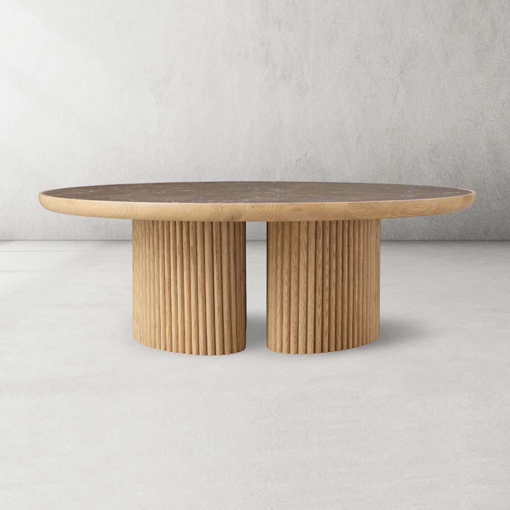 Astor Round Marble Top Coffee Table Wood Cocktail Table Reeded Oak Base Sofa Center Tea Table