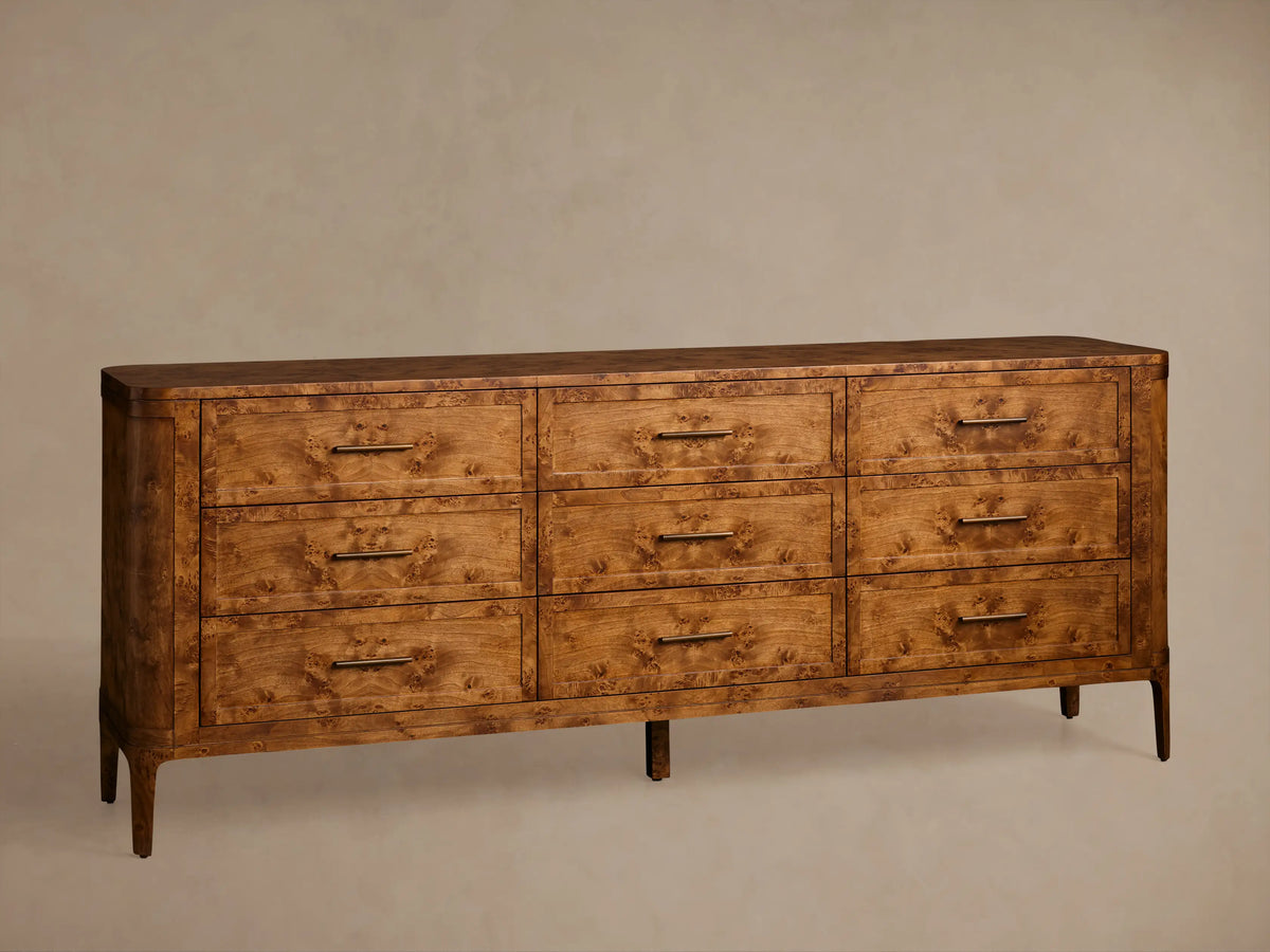 Mogadore Burl Wood Nine Drawer Dresser