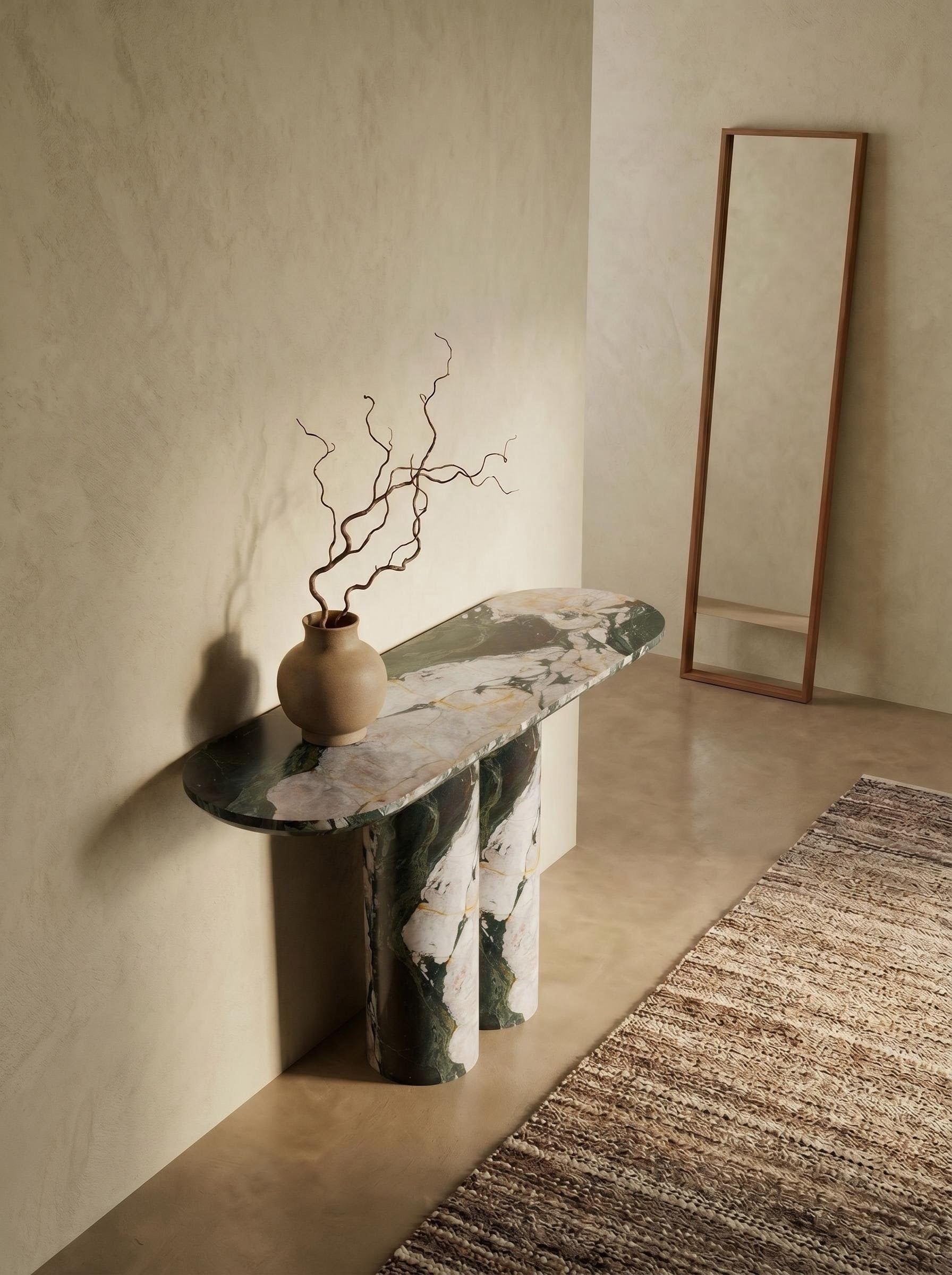 Luxury Les Quatre Saisons Marble Console Table with Oval Top and Double Cylinder Legs