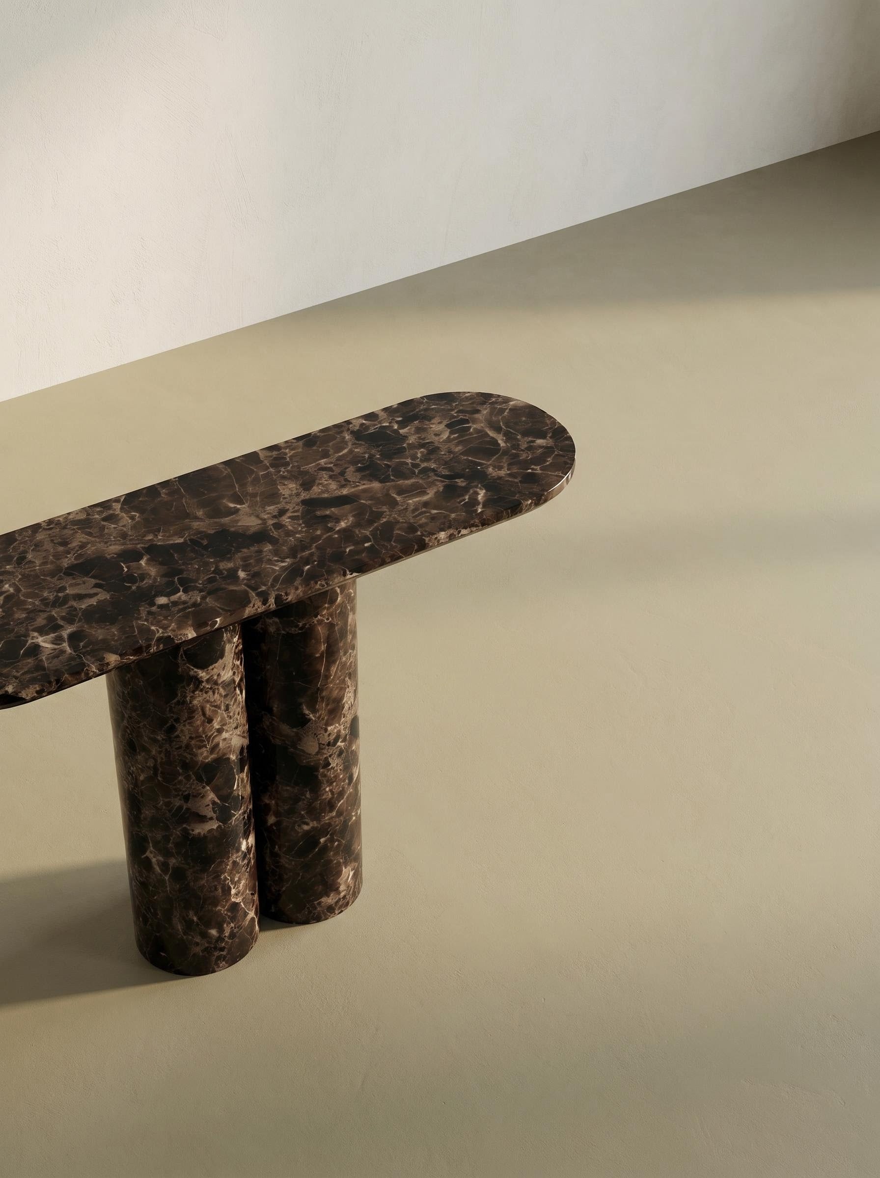 Luxury Emperador Marble Console Table with Oval Shape Top and Double Cylinder Legs