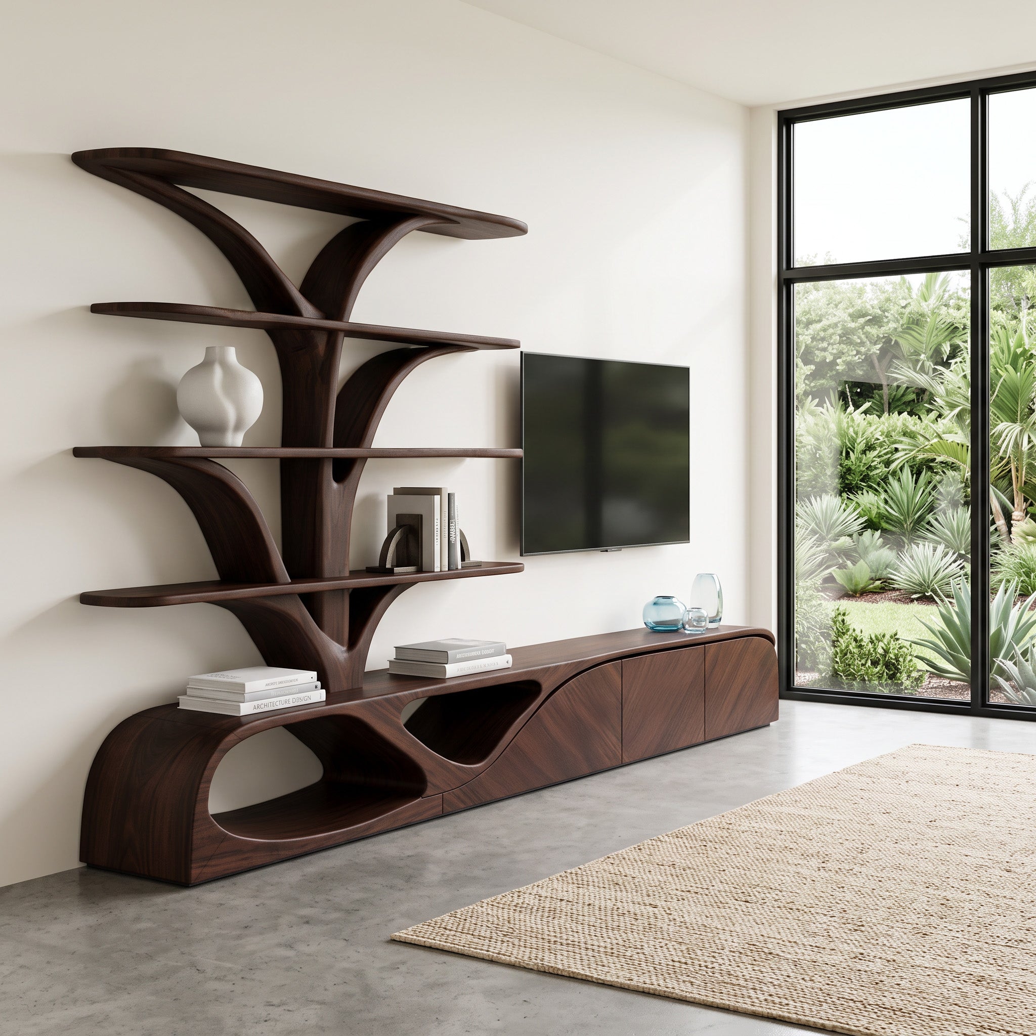 Organic TV Shelf With Tree Shape Bookshelf For Living Room