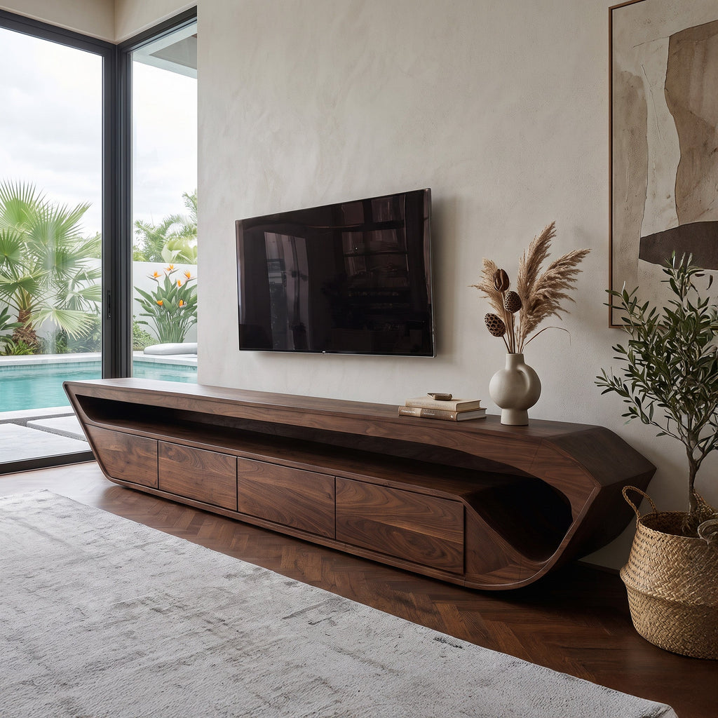 Modern Sculptural TV Console With Drawer For Living Room