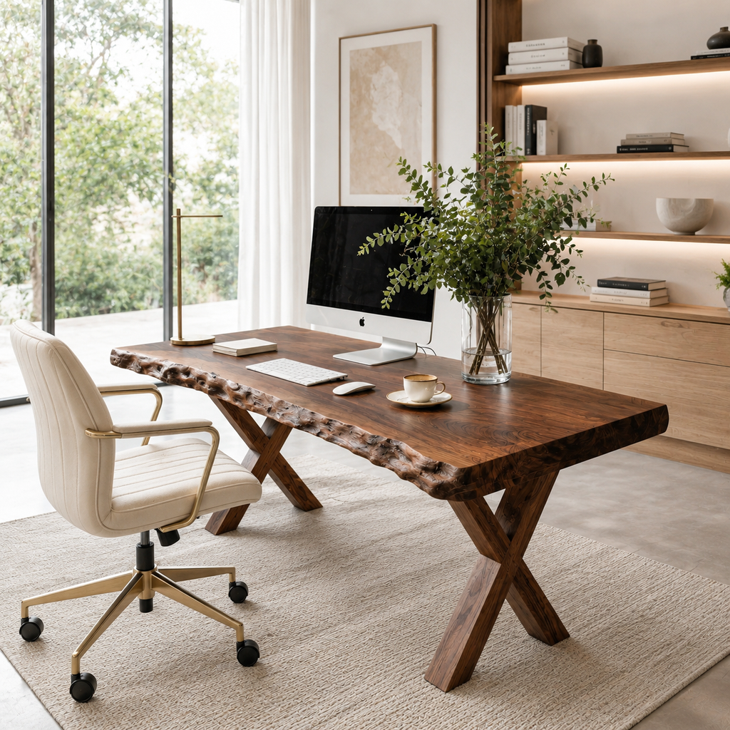 Live Edge Wooden Desk With X Legs For Rustic Home Office Or Studio