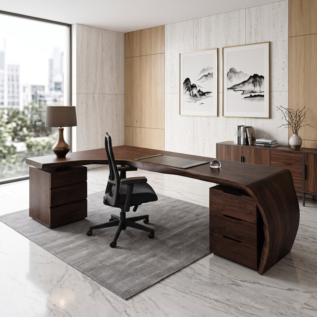 Minimalist Live Edge L Shaped Desk With Drawers For Workspace