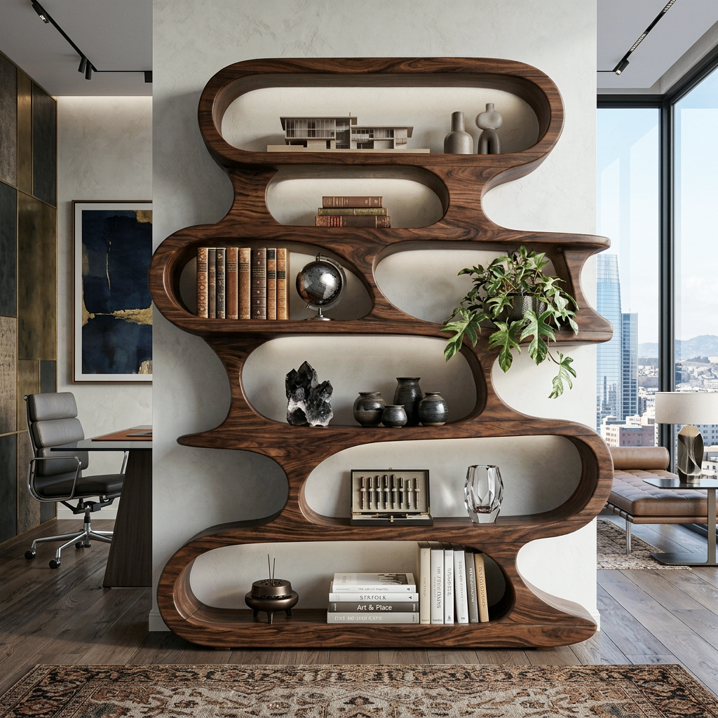 Mid Century Modern Wall Shelf With Flowing Shape For Living Room And Office
