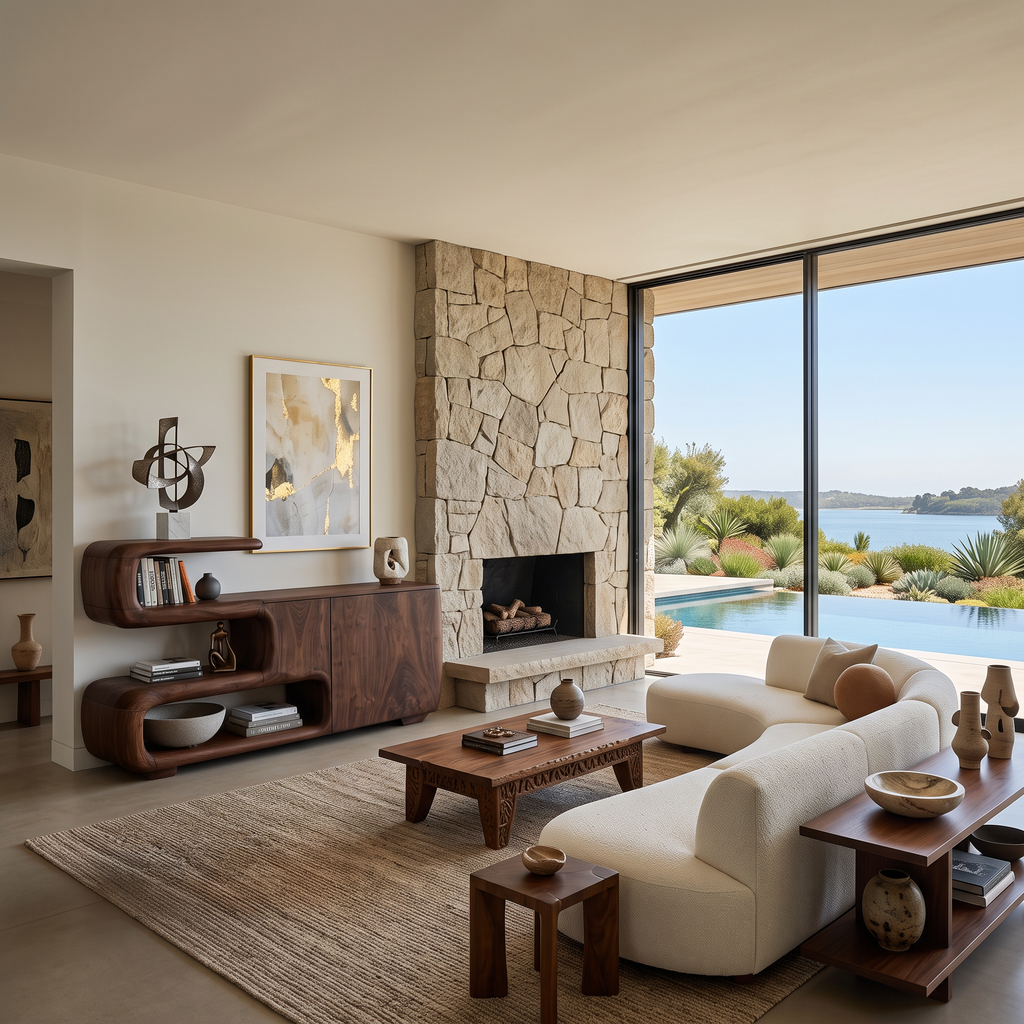 Organic Sideboard With Shelves And Cabinet For Living Room