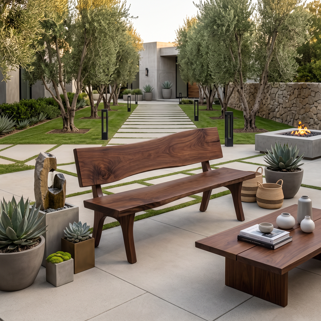 Contemporary Outdoor Wood Bench With Sculpted Back For Patio Or Courtyard