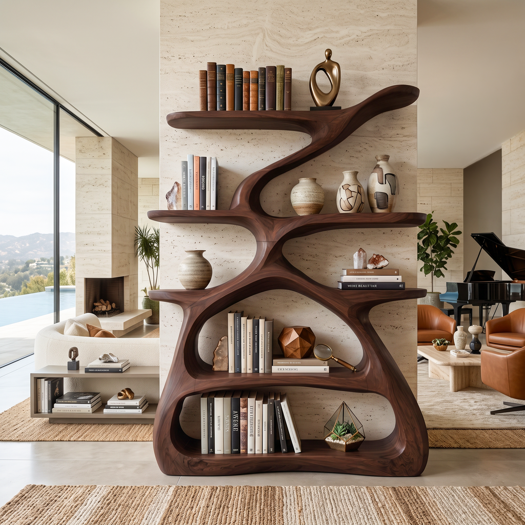 Modern Sculptural Bookshelf With S Shaped Design For Living Room