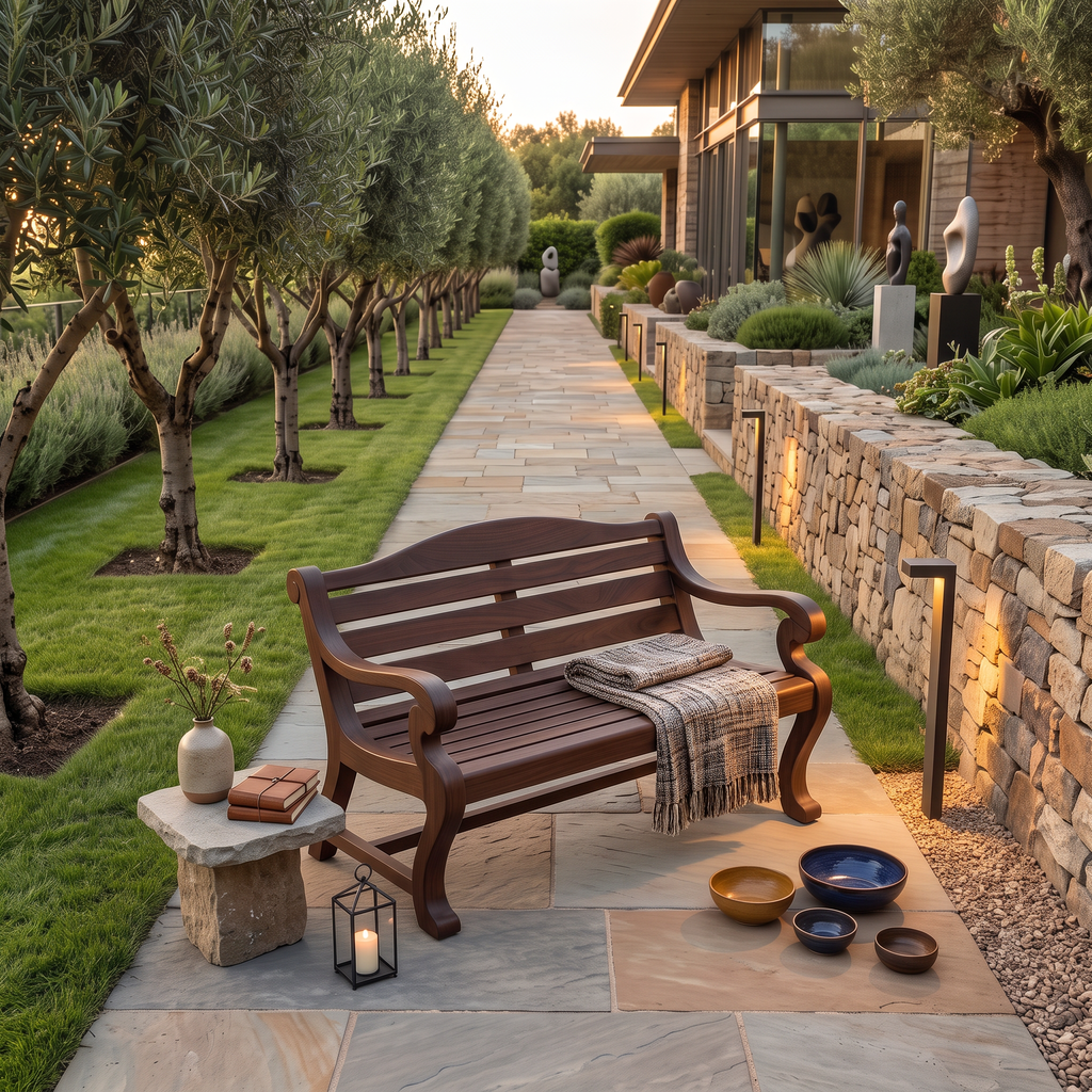 Classic Curved Wood Garden Bench With Sculpted Arms For Patio Or Entryway