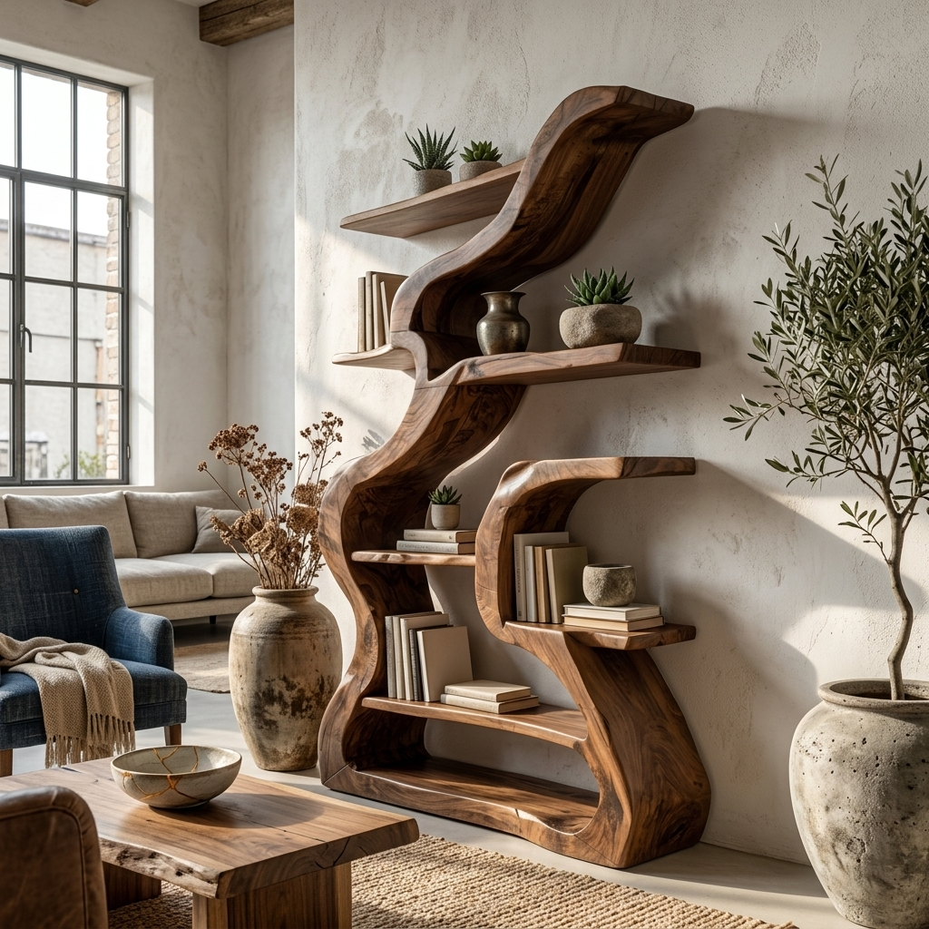 Organic Sculptural Bookshelf With Curved Design For Living Room