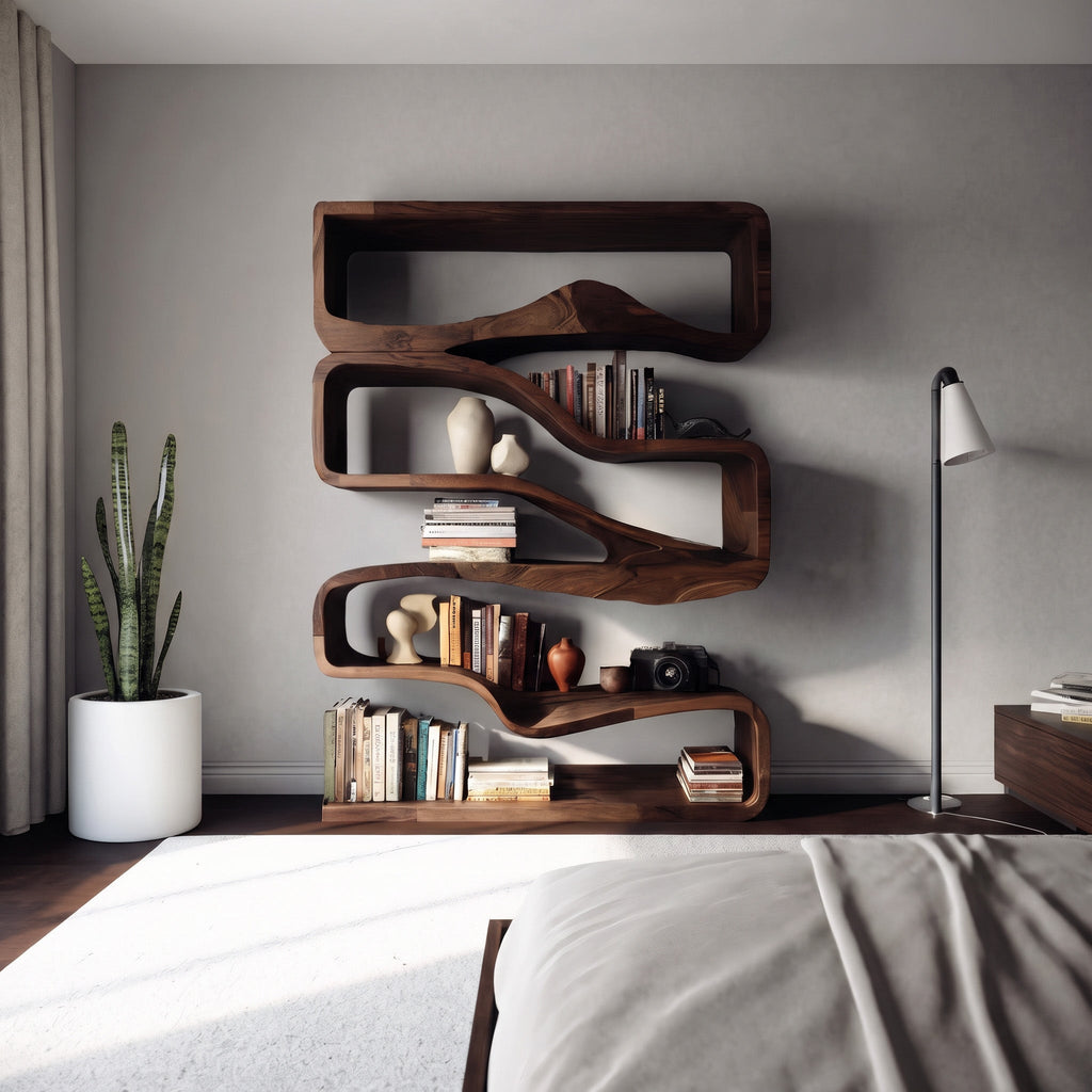 Modern Curved Bookshelf With Flowing Design For Bedroom