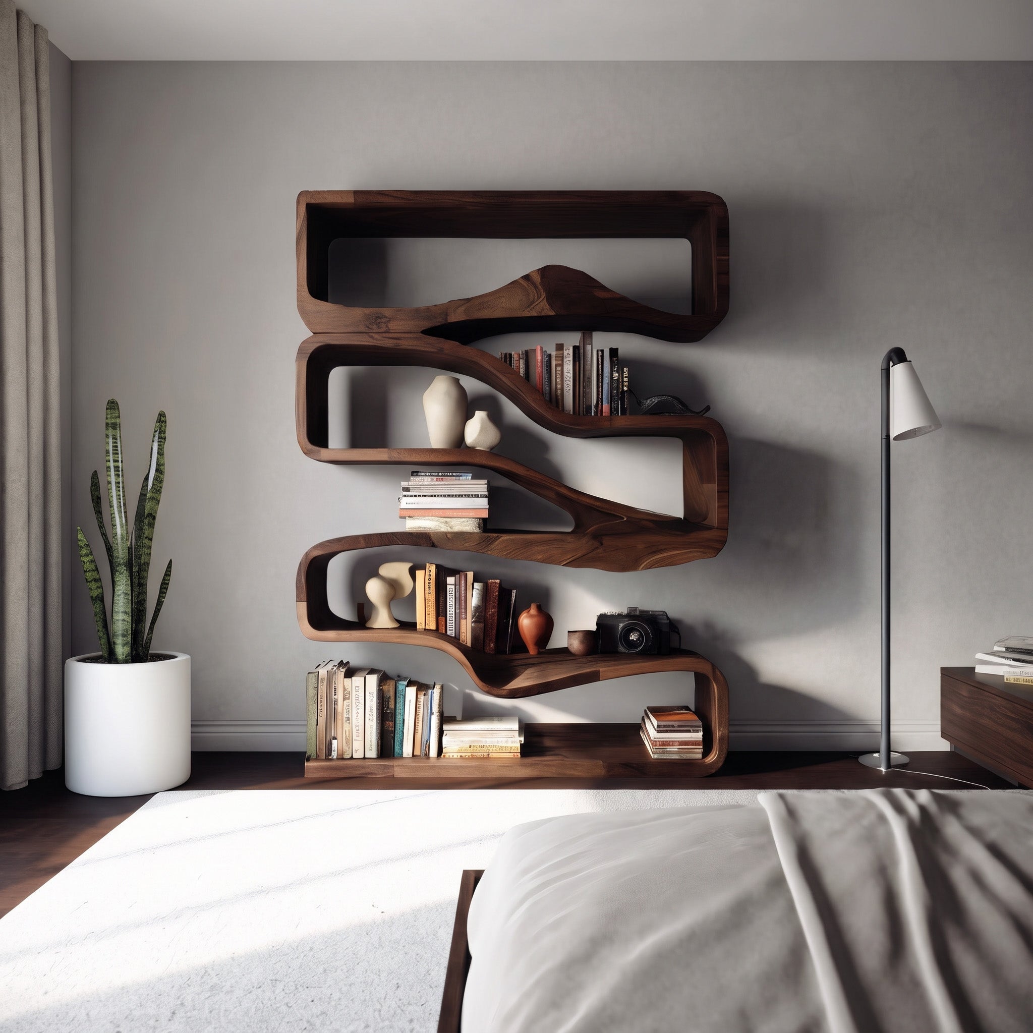 Modern Curved Bookshelf With Flowing Design For Bedroom