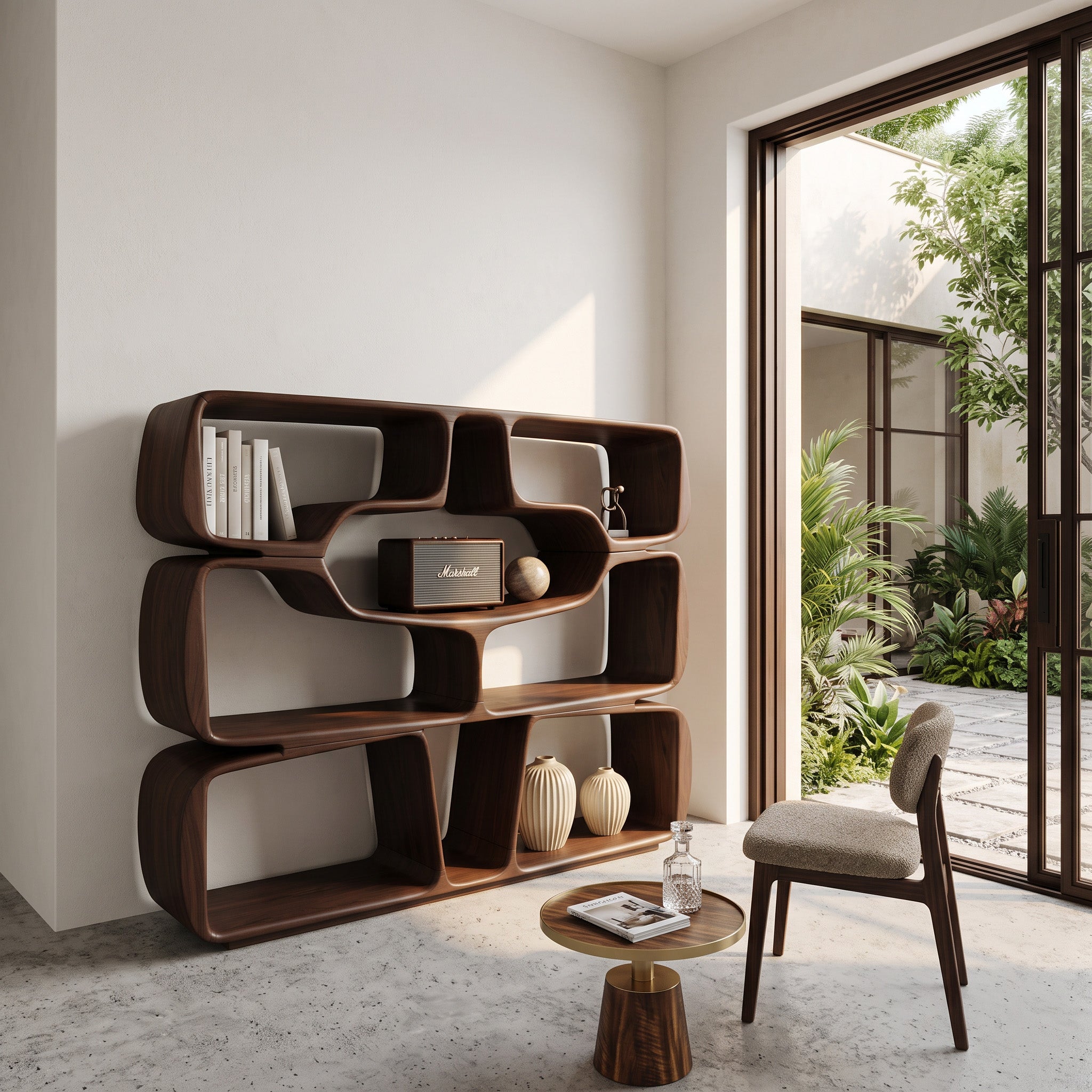 Modern Sculptural Bookshelf With Organic Curves For Living Room