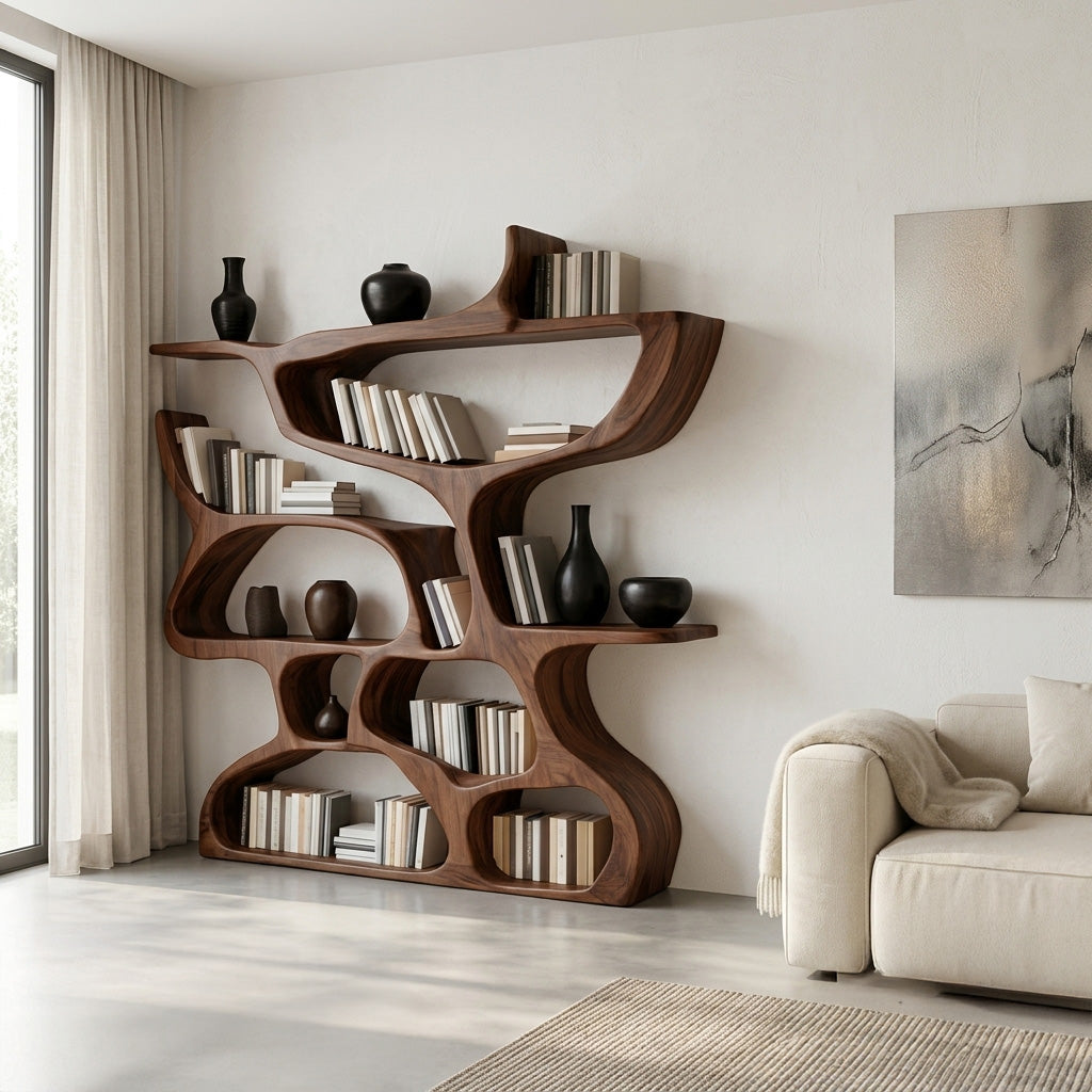 Modern Bookshelf With Organic Carved Design For Living Room Or Office
