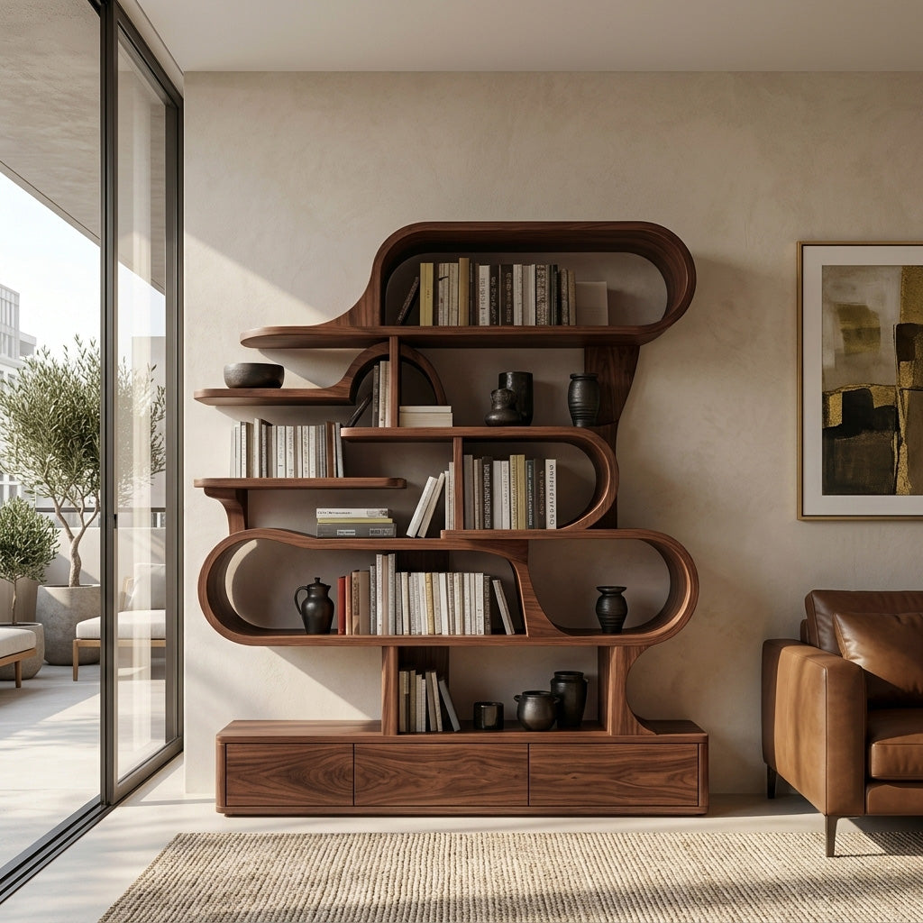 Modern Sculptural Bookshelf With Curved Design For Living Room Or Office