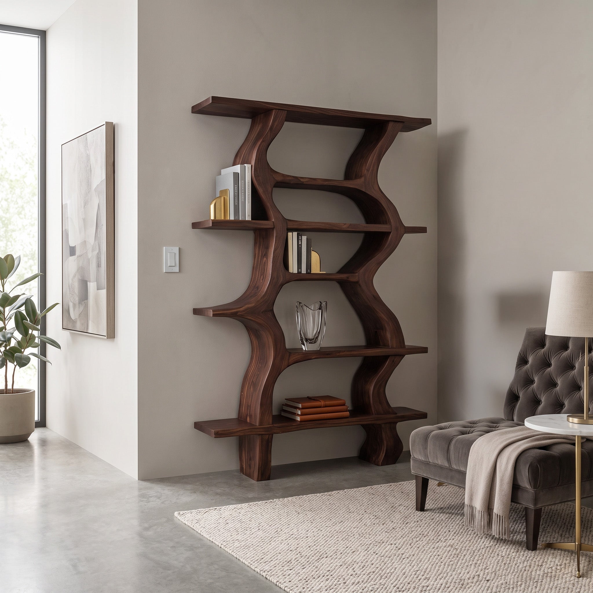 Modern Bookcase With Curved Open Shelf For Living Room