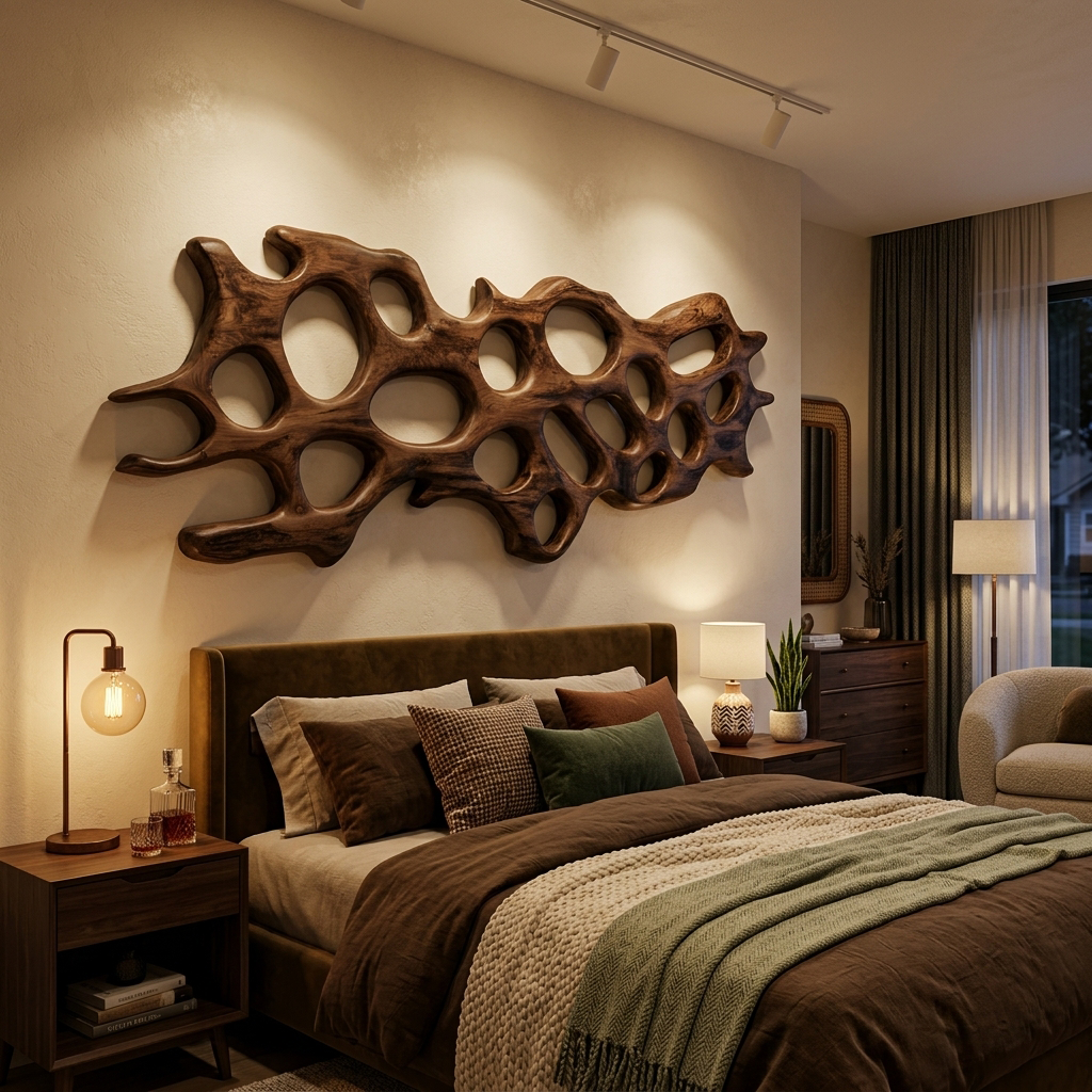 Organic Wall Art Sculpture With Abstract Carving For Living Room
