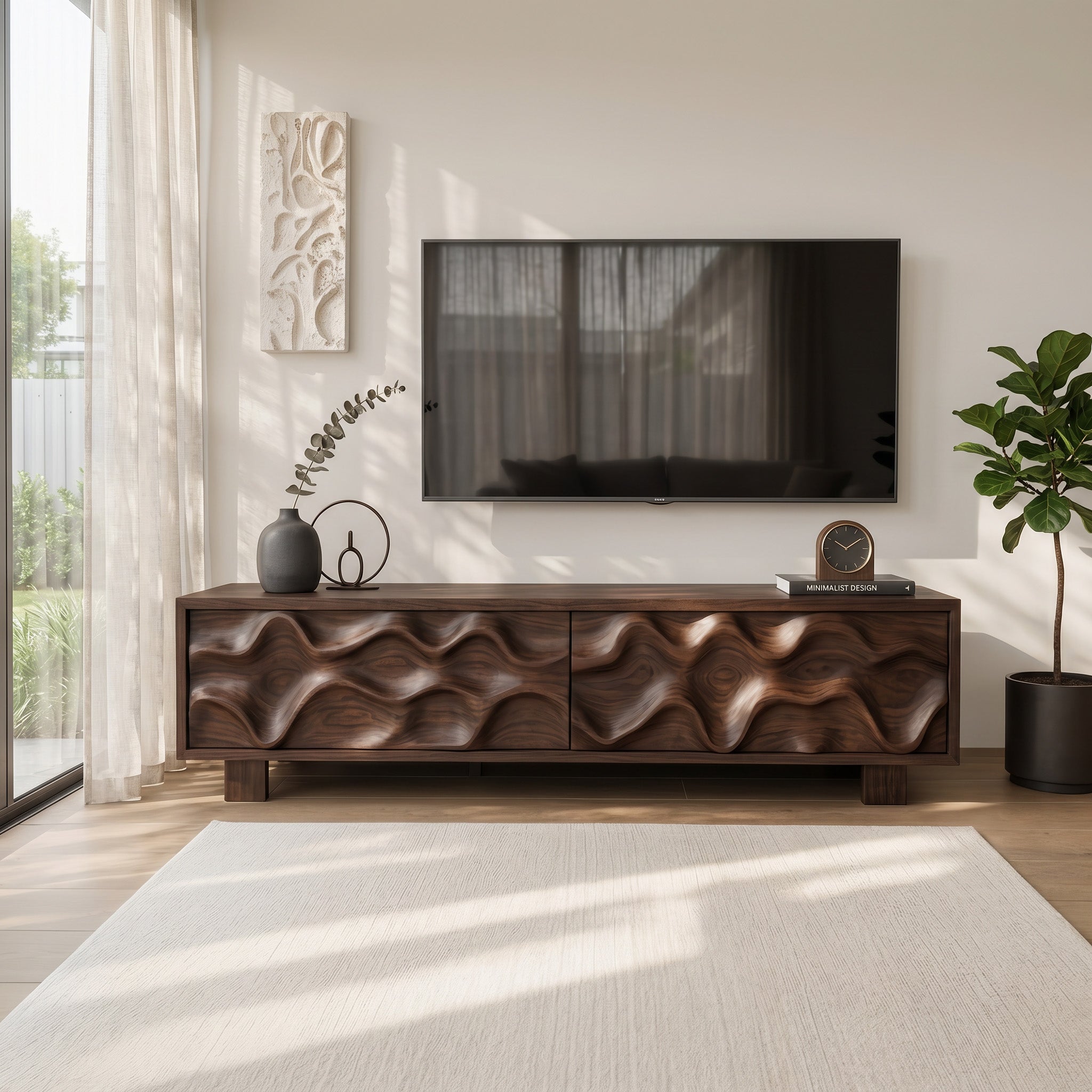 Hand Carved TV Stand With Wave Design For Living Room