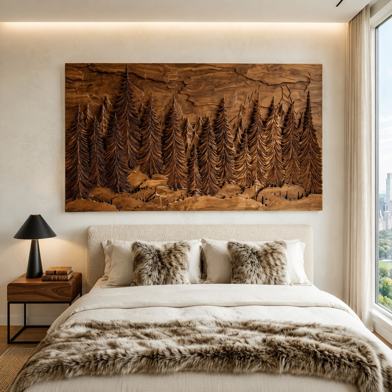 Hand Carved Wall Art With Forest Landscape For Living Room