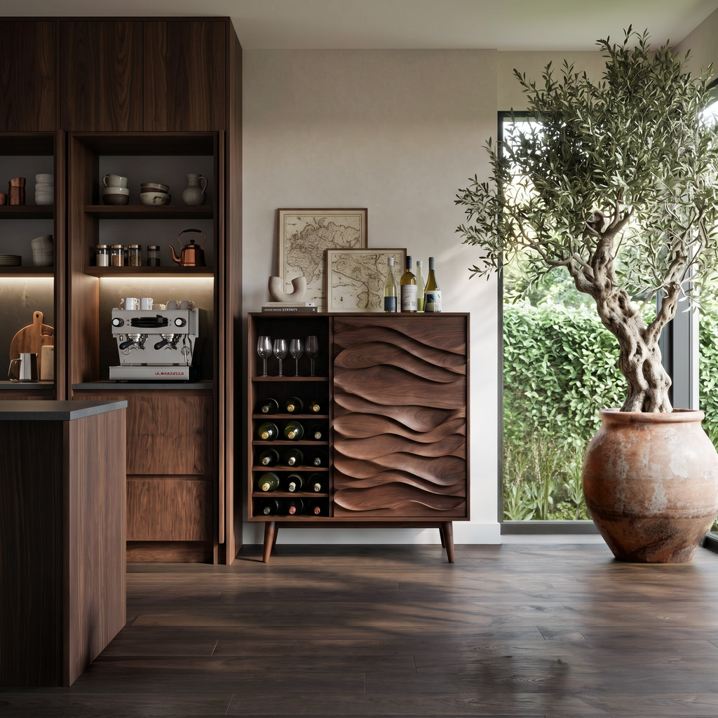 Sculptural Wine Cabinet With Wave Carved Doors For Kitchen